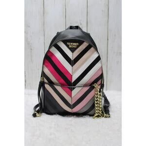 Victoria’s Secret Mini Backpack Chevron Pink Black Faux Leather Chain Strap